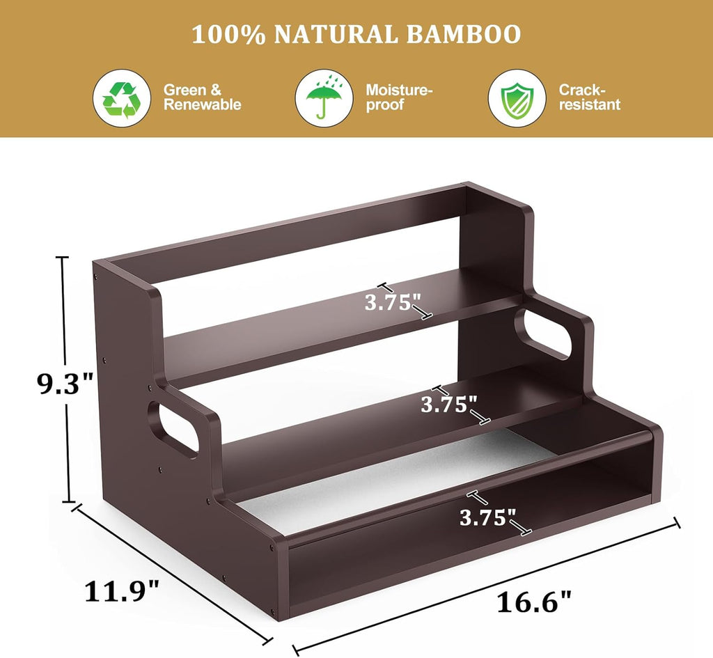Bamboo Liquor Bottle Display Shelf, 3 Tier Coffee Syrup Rack Organizer, Countertop Liquor Stand for Home Bar, Dark Brown