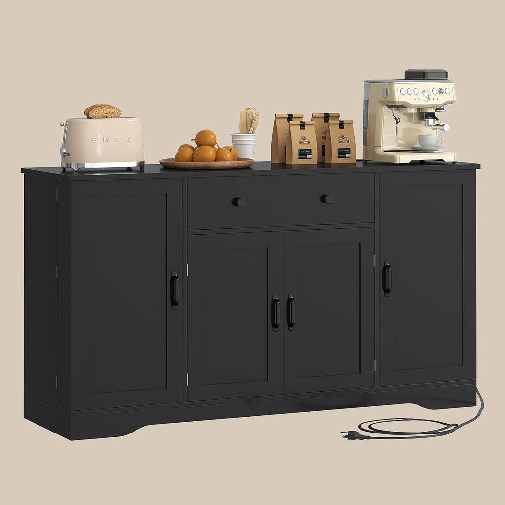 Brinlawb Buffet Cabinet with Storage & Charging Station, 53" Farmhouse Coffee Cabinet with Compartment Drawer, Sideboard Cabinets with Door and Adjustable Shelves for Kitchen, Black