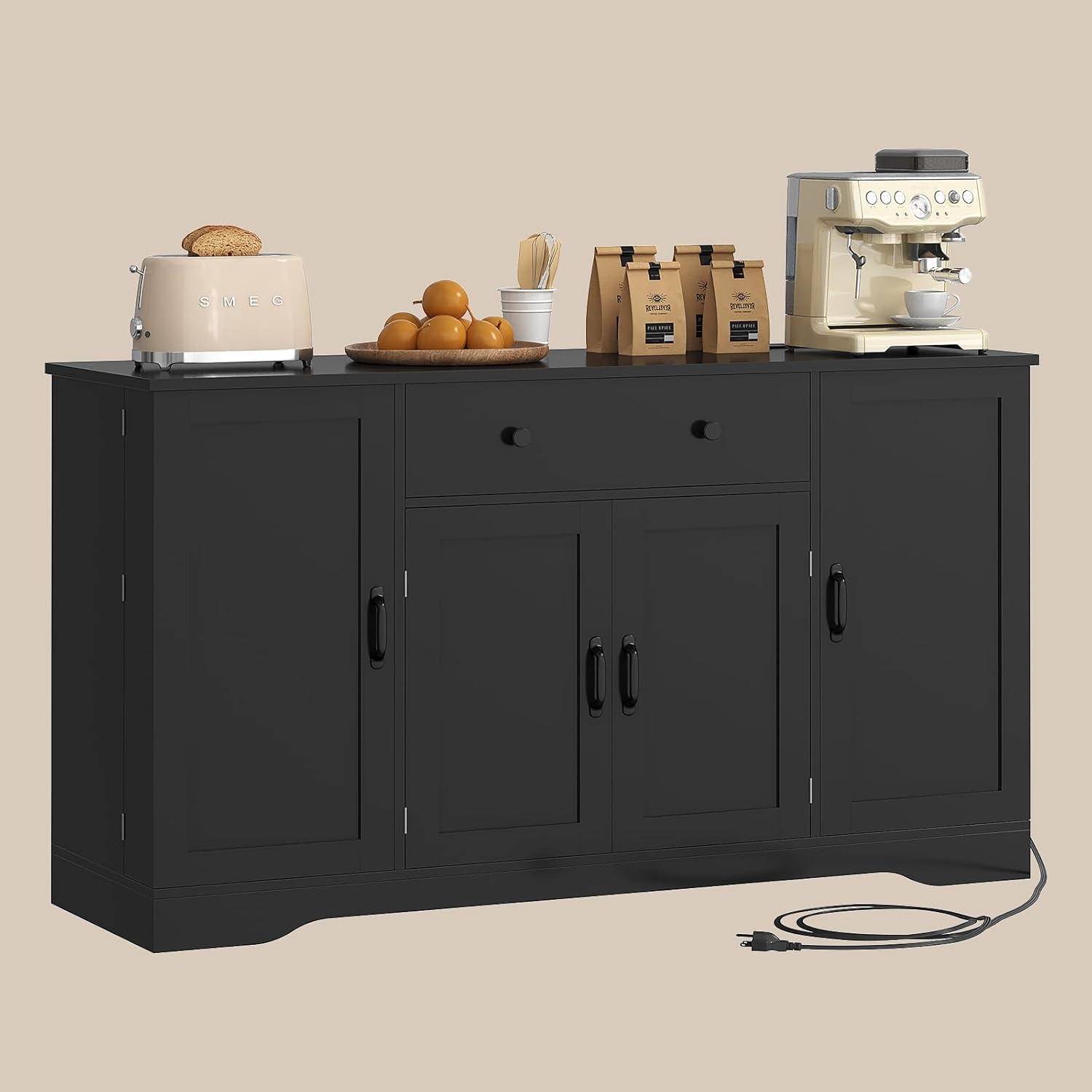 Brinlawb Buffet Cabinet with Storage & Charging Station, 53" Farmhouse Coffee Cabinet with Compartment Drawer, Sideboard Cabinets with Door and Adjustable Shelves for Kitchen, Black