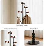 Freestanding Mid-Century Modern Tree Coat Rack | Freestanding metal rack with black marble base & wood spherical hooks for entryway, bedroom, living room