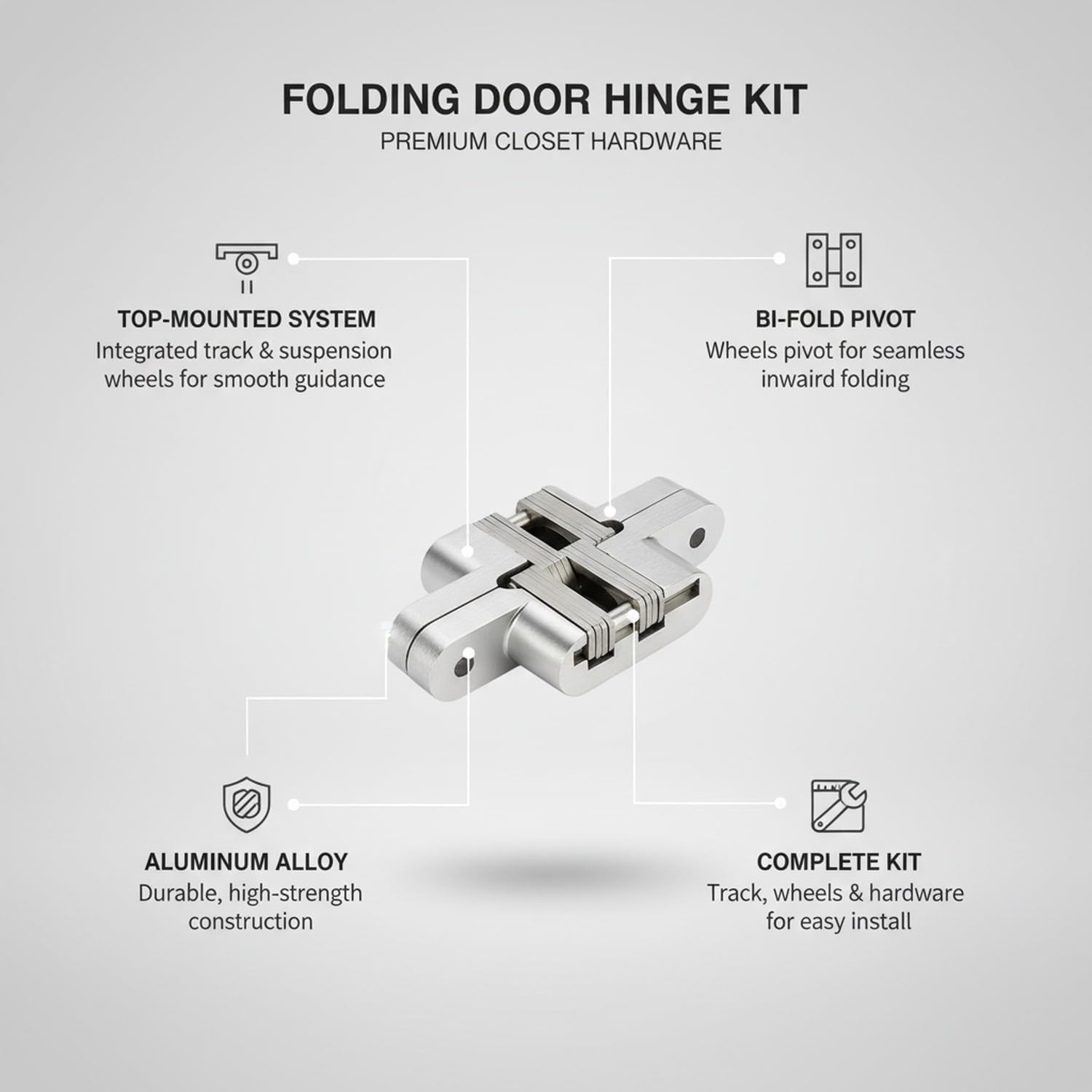 Aluminum Alloy Bi-Fold Door Track and Wheel Kit, Top Mount Hardware for Closet Doors and Room Dividers, Silver Finish
