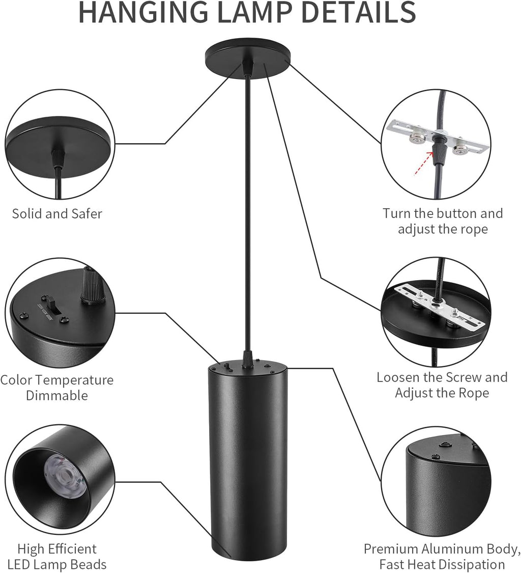 4" Pendant Lights Kitchen Island, 25W Cylinder Hanging Lights with Dipswitch, Modern Eye Care Led Pendant Lamp fixtures for Bedroom, Living Room, Office (Black, 2 Pcs)
