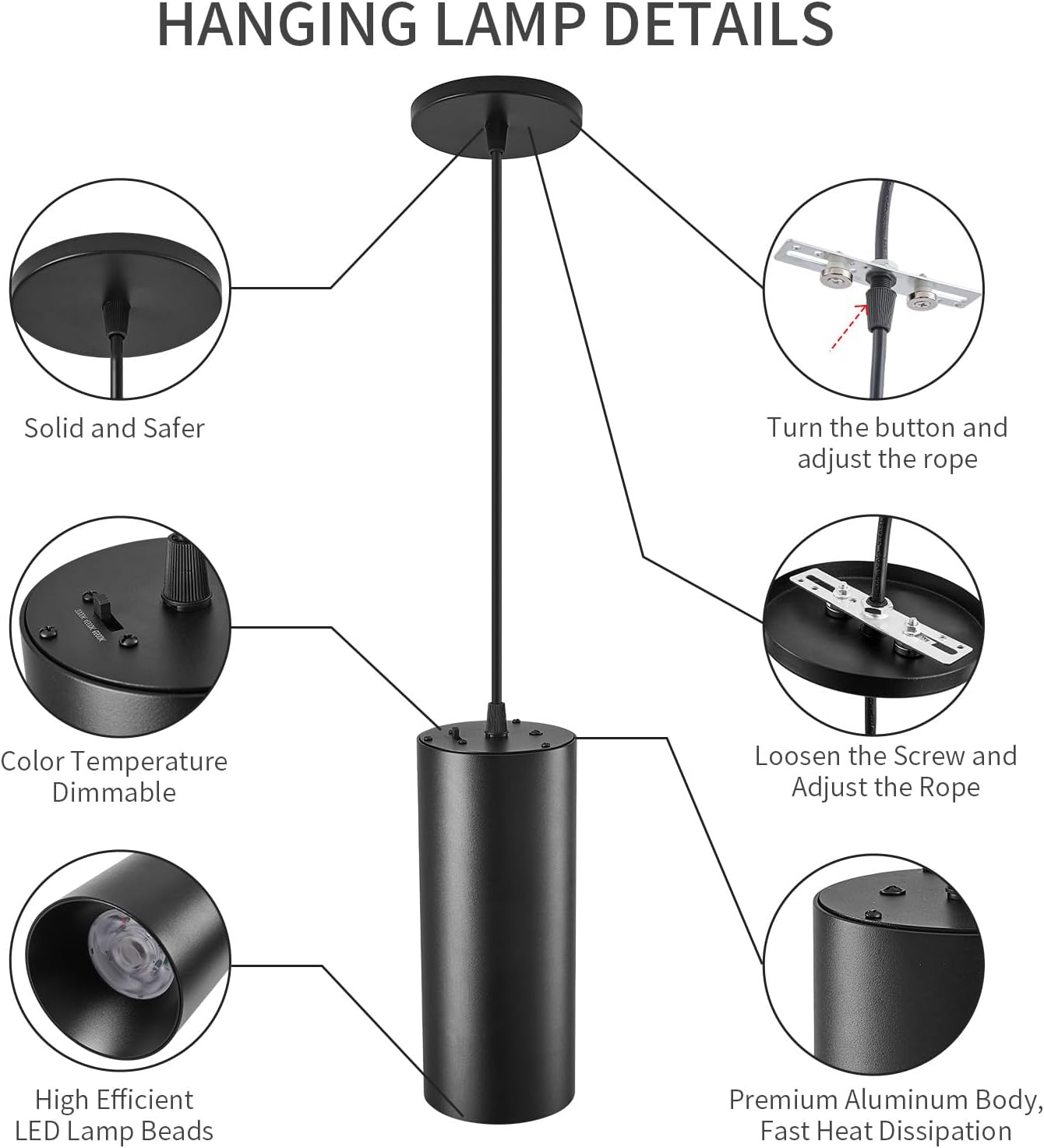 4" Pendant Lights Kitchen Island, 25W Cylinder Hanging Lights with Dipswitch, Modern Eye Care Led Pendant Lamp fixtures for Bedroom, Living Room, Office (Black, 2 Pcs)