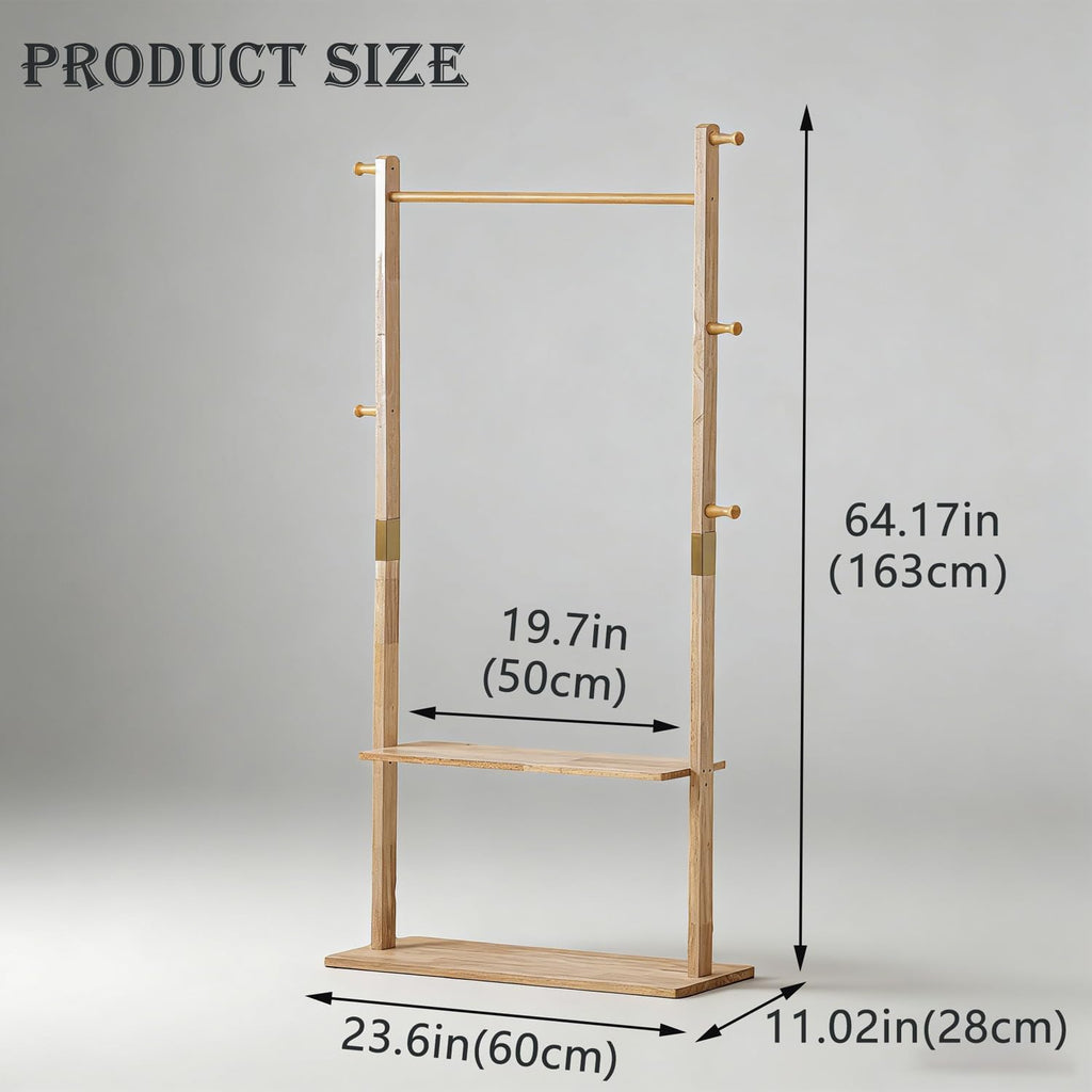 latifolia Clothes rack, Solid Wood Clothing Rack Witch Hooks and Shelves, 23.6 inch Garment rack With Storaege for Living Room, Nature