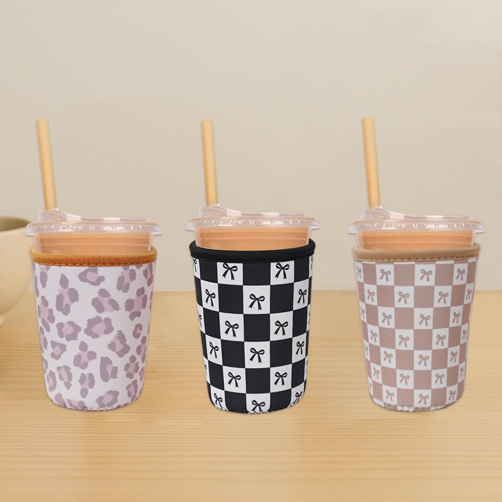 Reusable Insulated Neoprene Iced Coffee Cup Sleeve, Durable Drink Sleeve for Cold Beverages, Beverage Holder for Iced Coffee, Caramel Checkered Bows