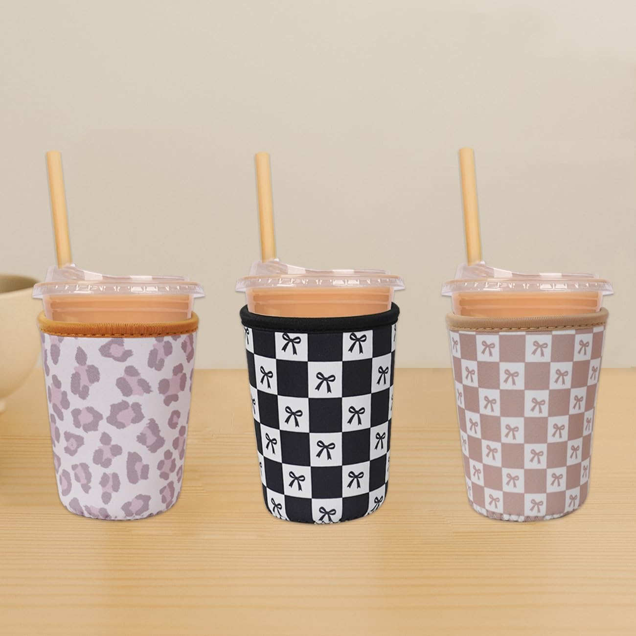 Reusable Insulated Neoprene Iced Coffee Cup Sleeve, Durable Drink Sleeve for Cold Beverages, Beverage Holder for Iced Coffee, Caramel Checkered Bows