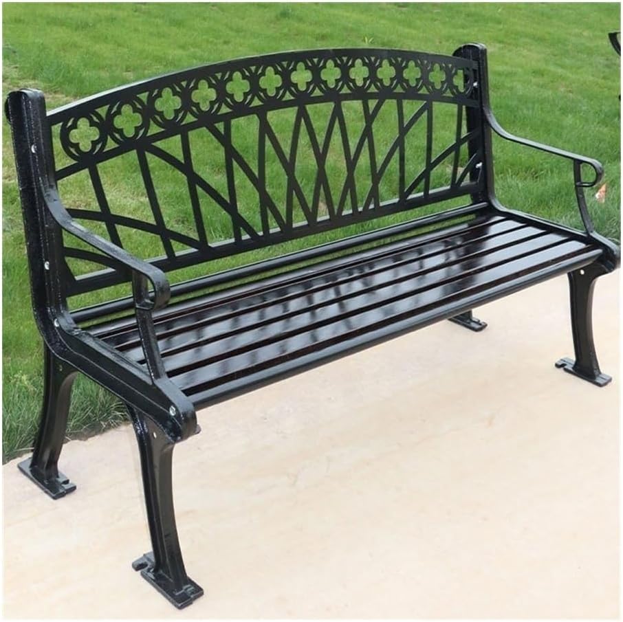 Outdoor Bench, Outdoor Park Garden Chair Cast Iron Garden Bench Hollow Frame Backrest Leisure Seat with Armrests Black Wrought Iron Outdoor Furniture (150 CM) Garden Bench