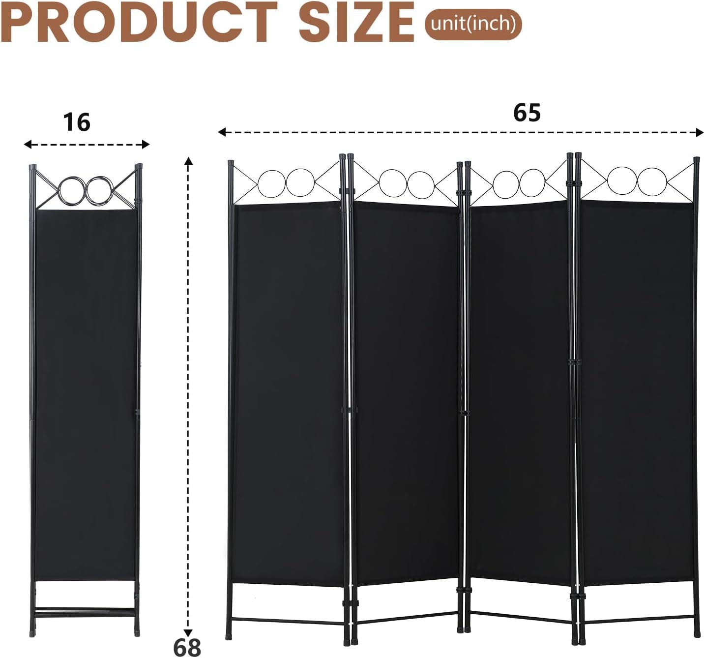 FDW 4 Panel Room Divider, 6FT Folding Privacy Screen Freestanding Partition Wall, Portable Room Separator for Dorm Bedroom Office Studio, Durable Metal Frame & Breathable Fabric, Dark Black