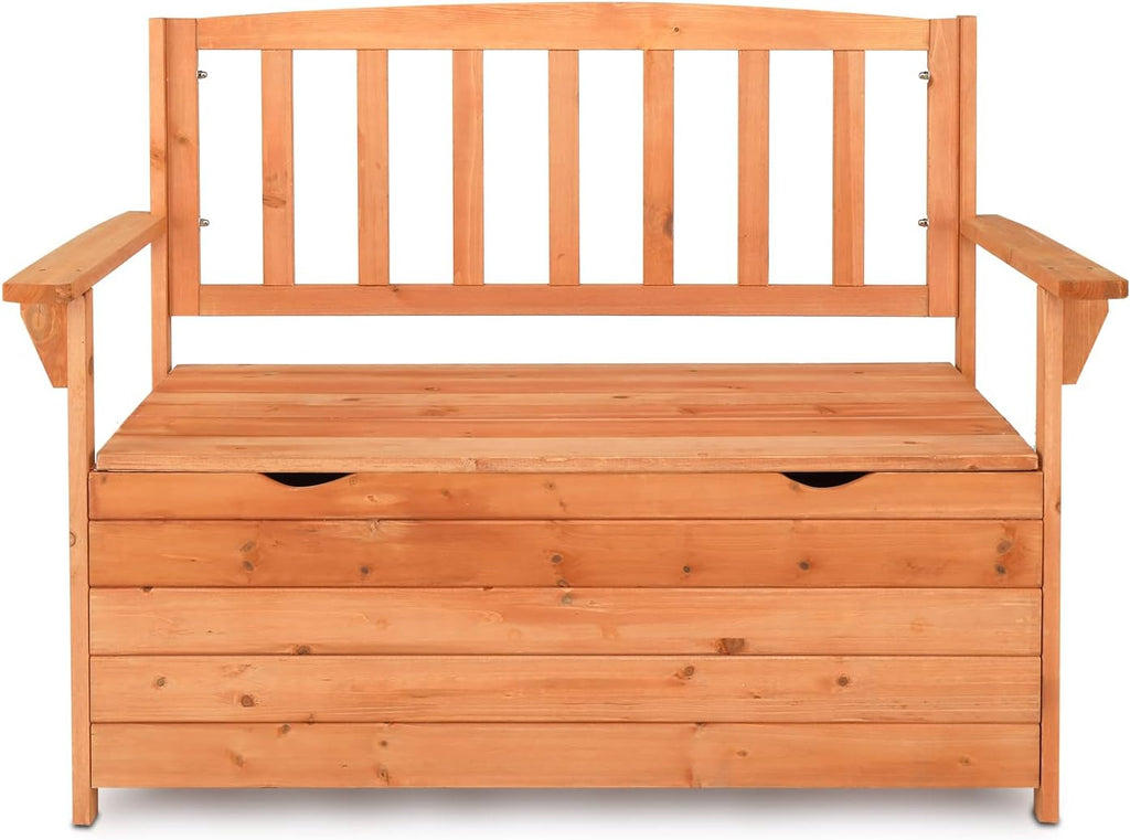 Cedar Outdoor Storage Bench with Backrest & Armrest, 44" x 22.8" x 33.1" Bright Orange Red Patio Deck Box with 440lbs Weight Capacity, Waterproof Outdoor Storage Seat