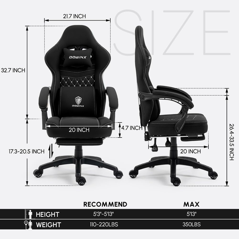 Dowinx Ergonomic Gaming Chair - Breathable Fabric with Gel Pad, Pocket Spring Cushion & Retractable Footrest, Comfortable Gamer Chair with Storage Bag,Deep Black