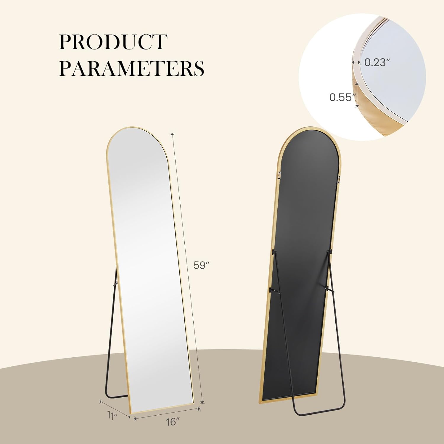 NEWBULIG Arched Mirror Full Length, 16"x59" Body Wall Mirrors with Shatter-Proof Glass, Upgraded Floor Standing Mirror, Hanging or Leaning, with Stand Aluminum Alloy Frame for Home Decor, Gold