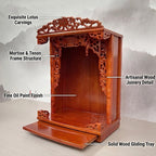 Solid Wood Buddhist Altar Cabinet & Pooja Mandir for Home, 2-in-1 Wall Mounted or Desktop Meditation Shrine Table with Pull-Out Storage Tray, Hand-Carved Buddha Temple (Rosewood, 16.5" H/42cm)