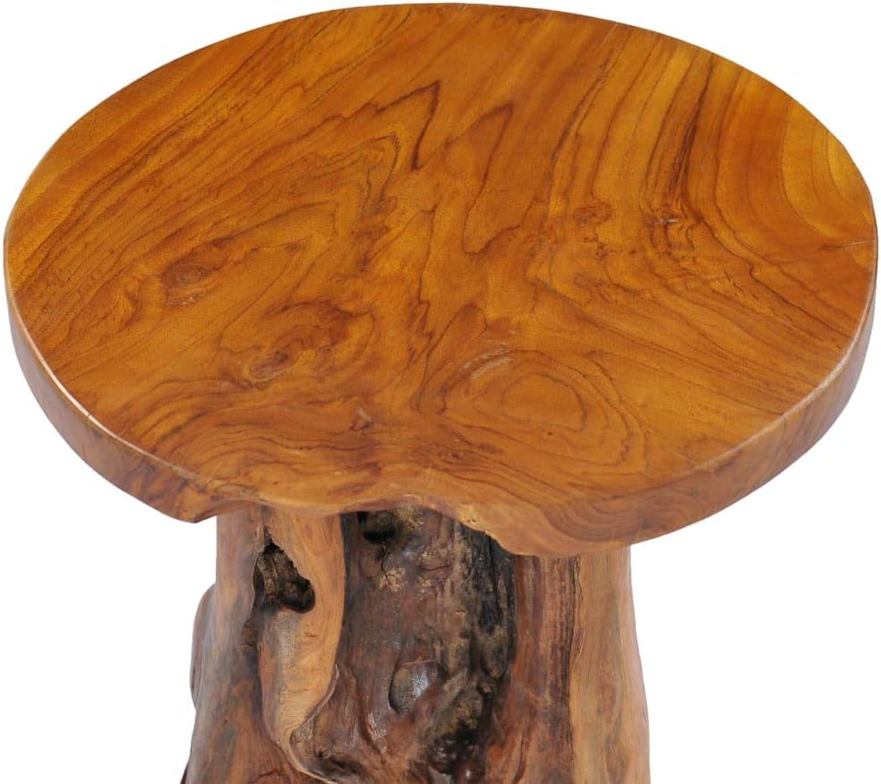 Solid Teak Wood Coffee Table, 15.7-Inch Round Rustic End Table, Handcrafted Root Base Side Table for Living Room, Brown Minimalist Accent Furniture