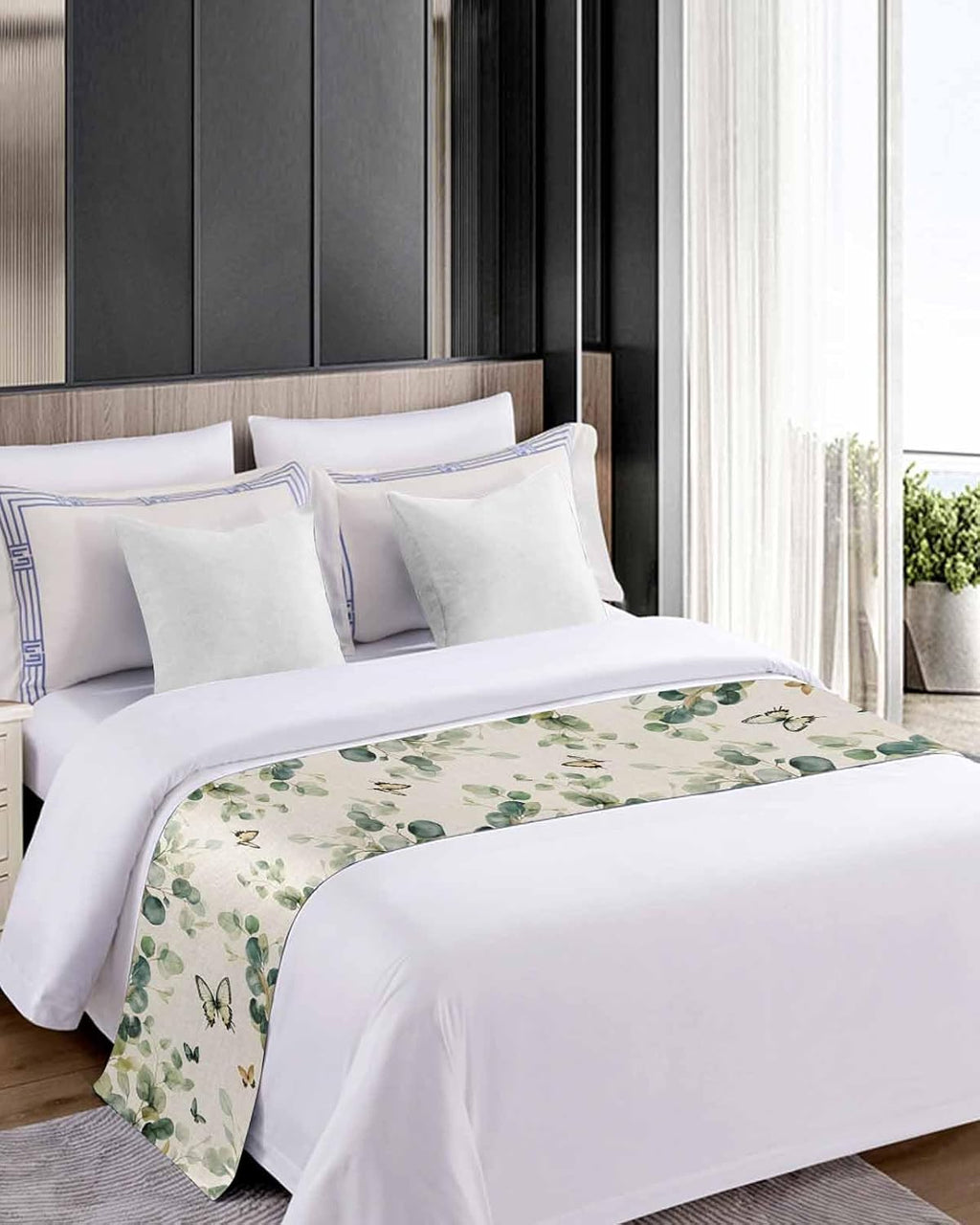 Eucalyptus Leaves Bed Runner Scarf Cal King Size, Spring Summer Botanical Sage Green Rustic Luxury Bed Throw Runners & Scarves for Twin Full Queen King Foot of Bed, Hotel Wedding Decoration, 102"x20"