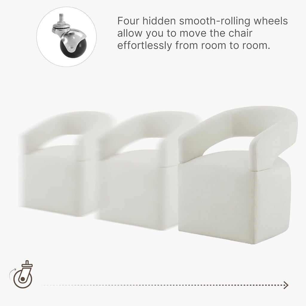 KISLOT Upholstered Dining Chairs Set of 1, Modern Rolling Dining Chairs with Hidden Casters, Arm Kitchen Chairs with Linen Look Fabric, Padded Barrel Chairs for Dining Room, Kitchen, Bedroom, Ivory