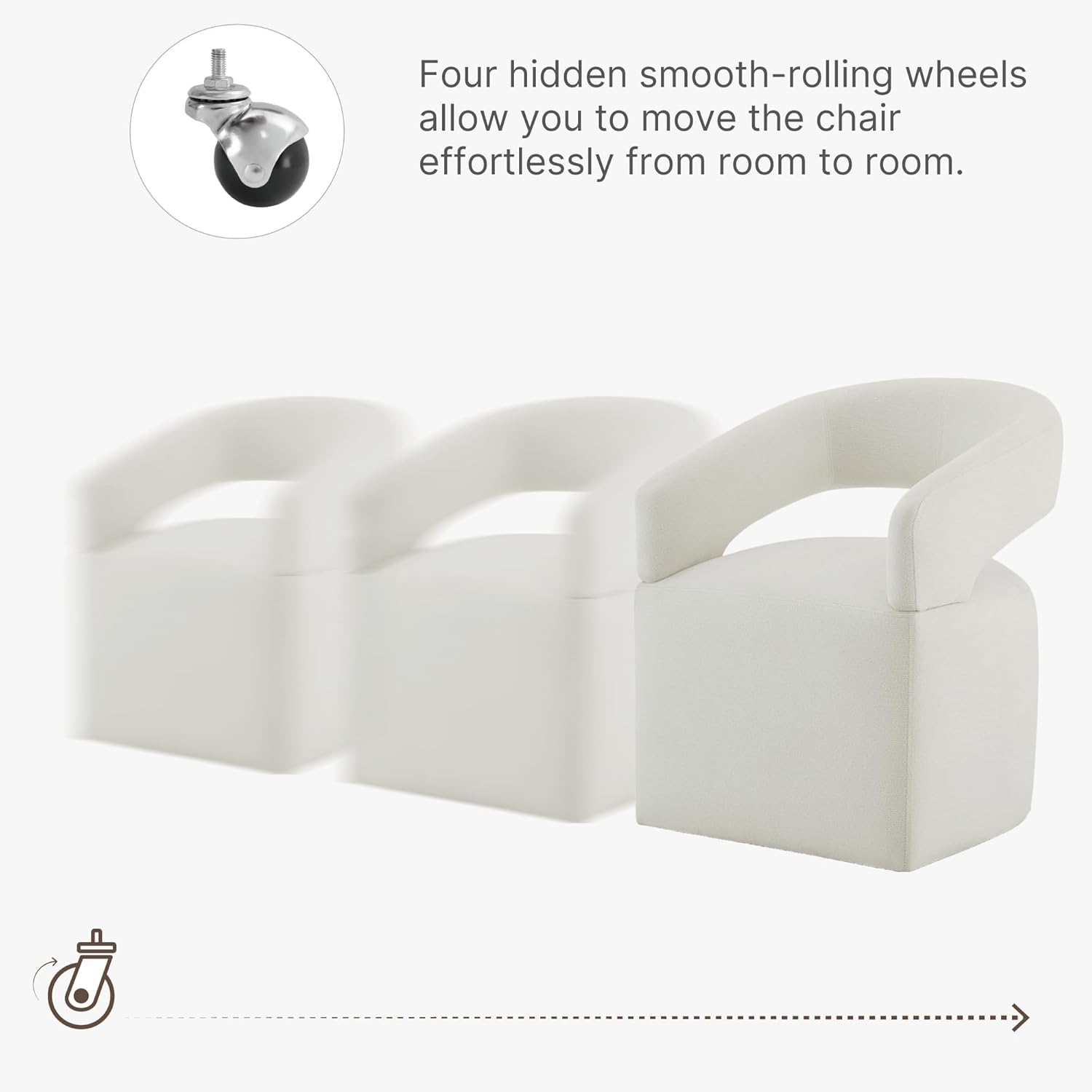 KISLOT Upholstered Dining Chairs Set of 1, Modern Rolling Dining Chairs with Hidden Casters, Arm Kitchen Chairs with Linen Look Fabric, Padded Barrel Chairs for Dining Room, Kitchen, Bedroom, Ivory