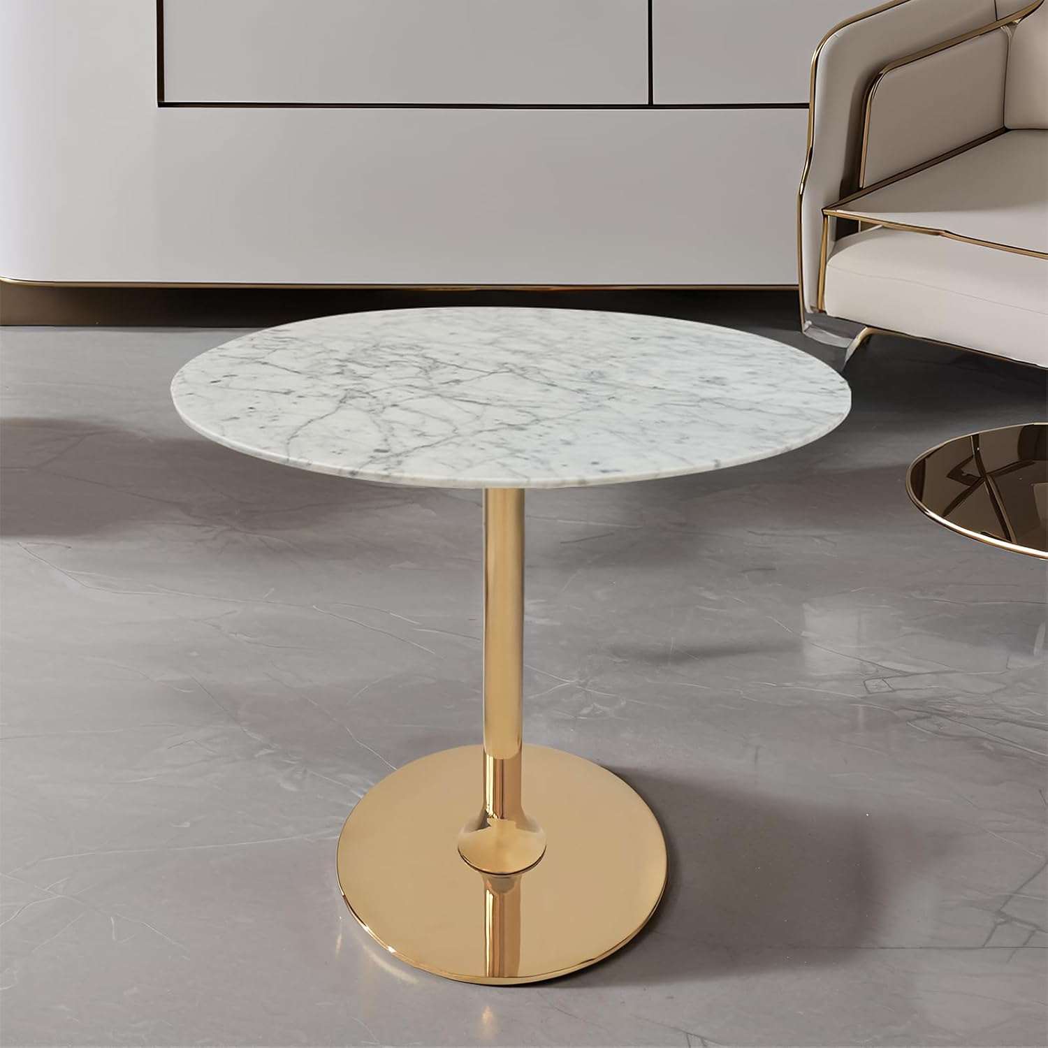 Marble Round End Table with Gold Metal Frame – 21in Tall 19in Diameter Modern Nordic Side Table Nightstand for Living Room, Bedroom, Entryway, Elegant Durable Furniture