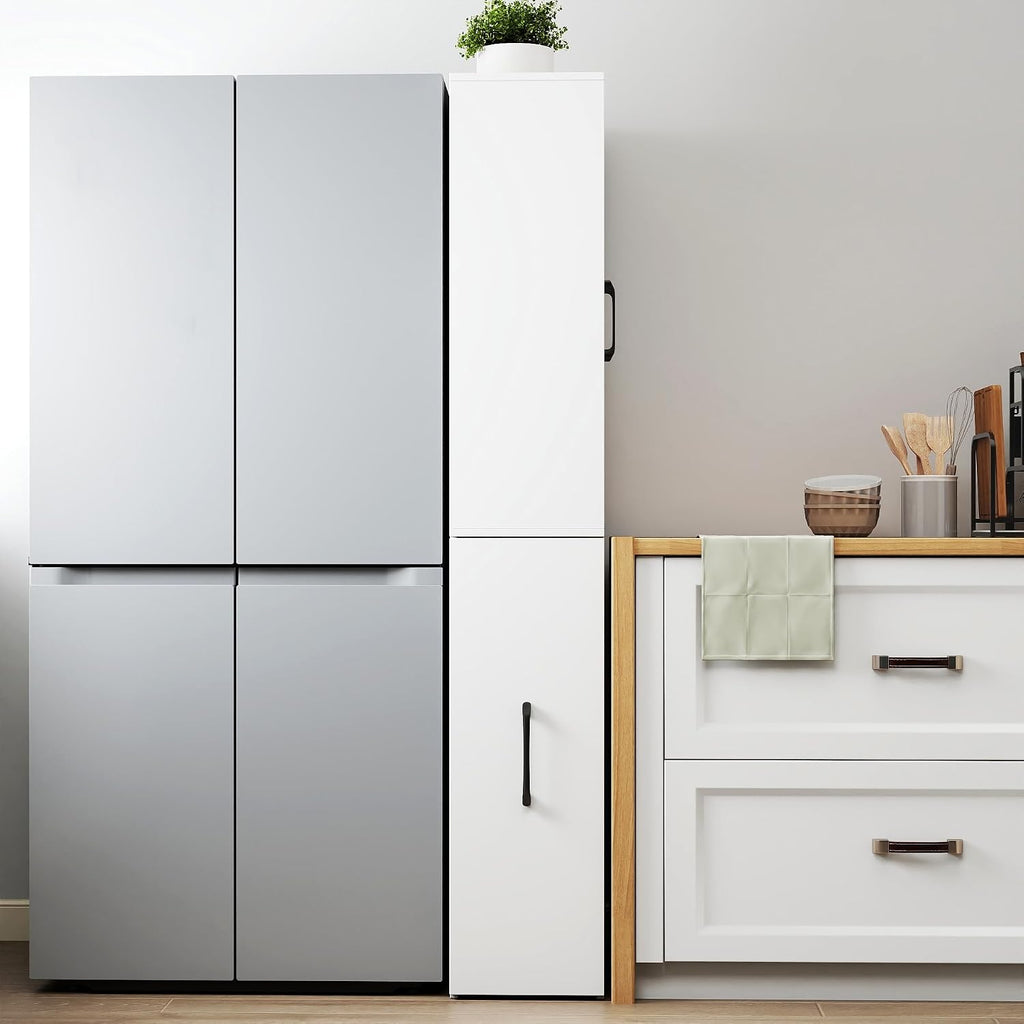 70.87" H Slim Display Storage Cabinet with 4 Tier Multi-Functional Pull-Out Shelves, Narrow Bookcase with 2 Glass Doors, Space Saving Storage Organizer for Kitchen Living Room Bathroom, White