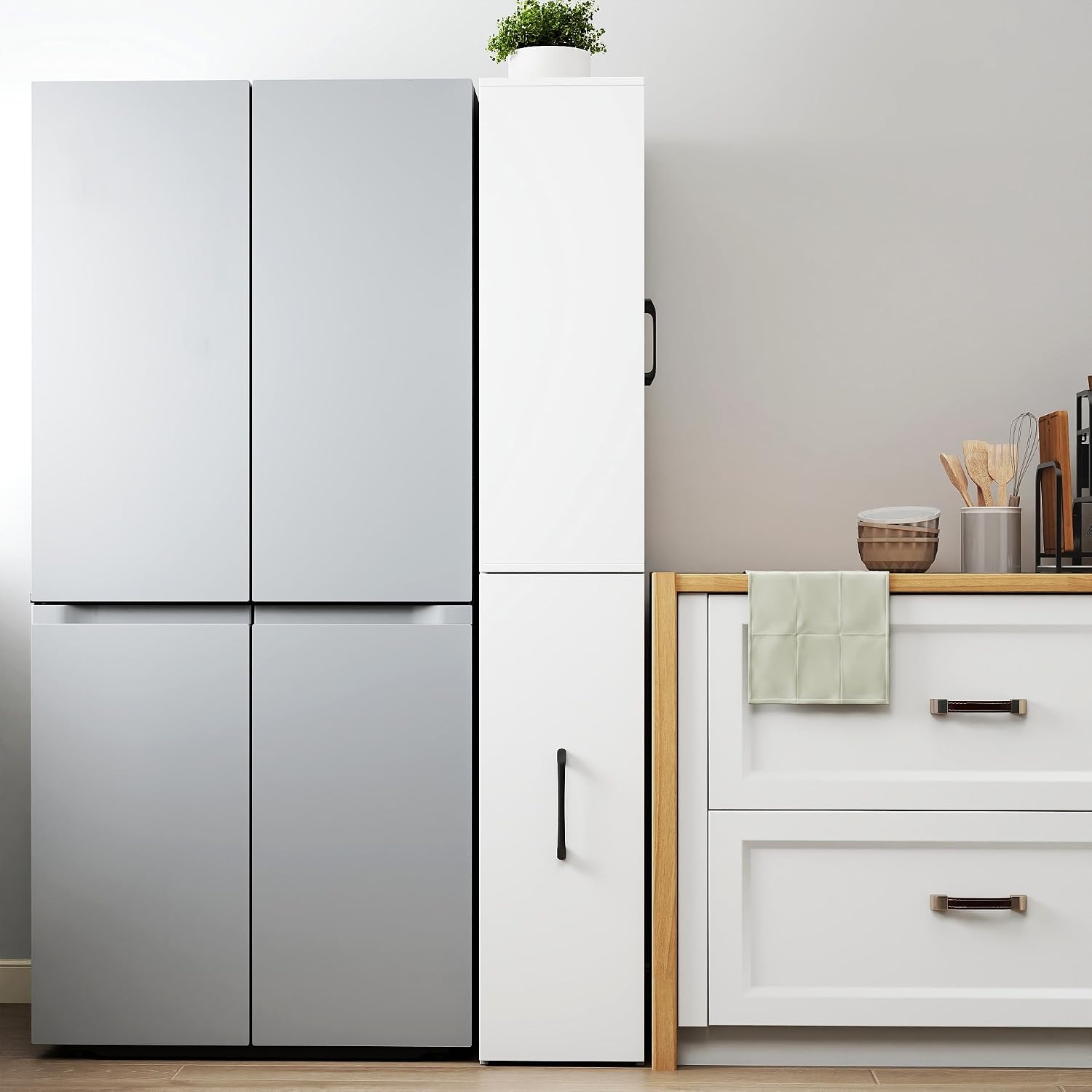 70.87" H Slim Display Storage Cabinet with 4 Tier Multi-Functional Pull-Out Shelves, Narrow Bookcase with 2 Glass Doors, Space Saving Storage Organizer for Kitchen Living Room Bathroom, White