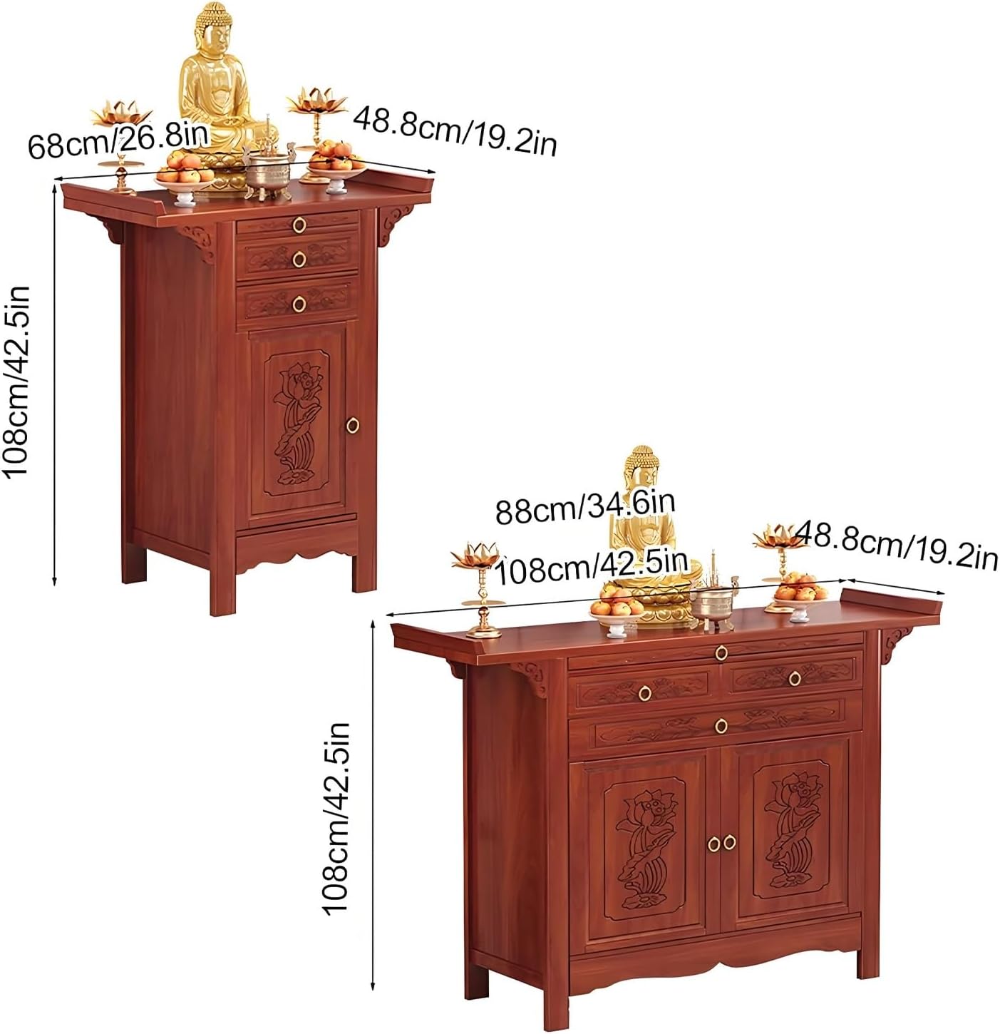 Altar Table with Storage Drawers & Cabinets, Porch Tables with Pull-Out Storage Board, for Home Temple, Meditation Room, Living Room(88 * 48.8 * 108cm/34.6 * 19.2 * 42.5in)