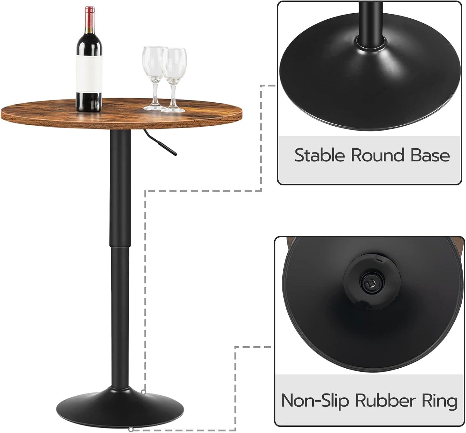 HOOBRO Bar Table, Height-Adjustable Round Pub Table 27-35.4 Inches with Sturdy Base, Modern Style, Easy to Assemble, Suitable for Small Space, Rustic and Black BF58BT01G1