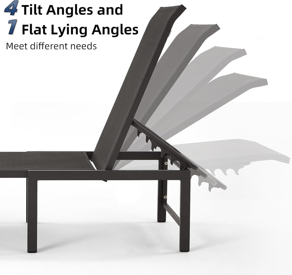 Aluminum Chaise Lounge Chair Outdoor Set of 2, Foldable & Assembly Free Outdoor Lounge Chairs with 5-Position Recliner, Pool Lounge Chairs for Outside Poolside Beach Lawn (Dark Grey)