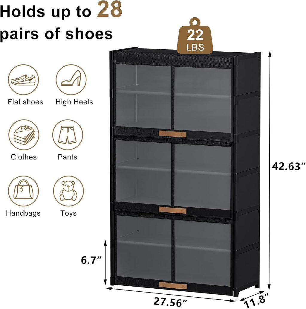 Shoe Rack, 7 Tier Shoe Storage Cabinet with Doors, 28 Pair Shoe Shelves Organizer for Entryway Closet, Plastic Shoe Shelf with Metal Frame for Bedroom Hallway, Black