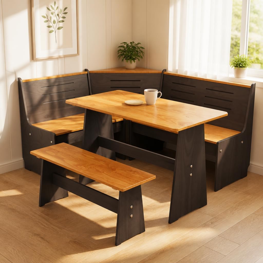 Breakfast Nook Table Set - Reinforced Packaging - Corner Kitchen Dining Table Set for 4-6 People, Solid Pine Wood with L-Shaped Bench Modern Farmhouse Dining Room Set, Coal Black