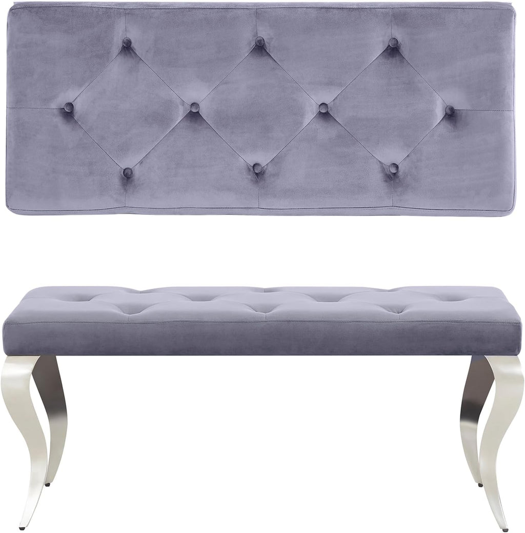 AUZ Benches, Grey and Silver Velvet Upholstered Dining Room Table Bench with Button-Tufted, Modern Glam Chrome Mirrored Chrome Curved Legs