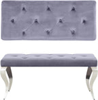 AUZ Benches, Grey and Silver Velvet Upholstered Dining Room Table Bench with Button-Tufted, Modern Glam Chrome Mirrored Chrome Curved Legs