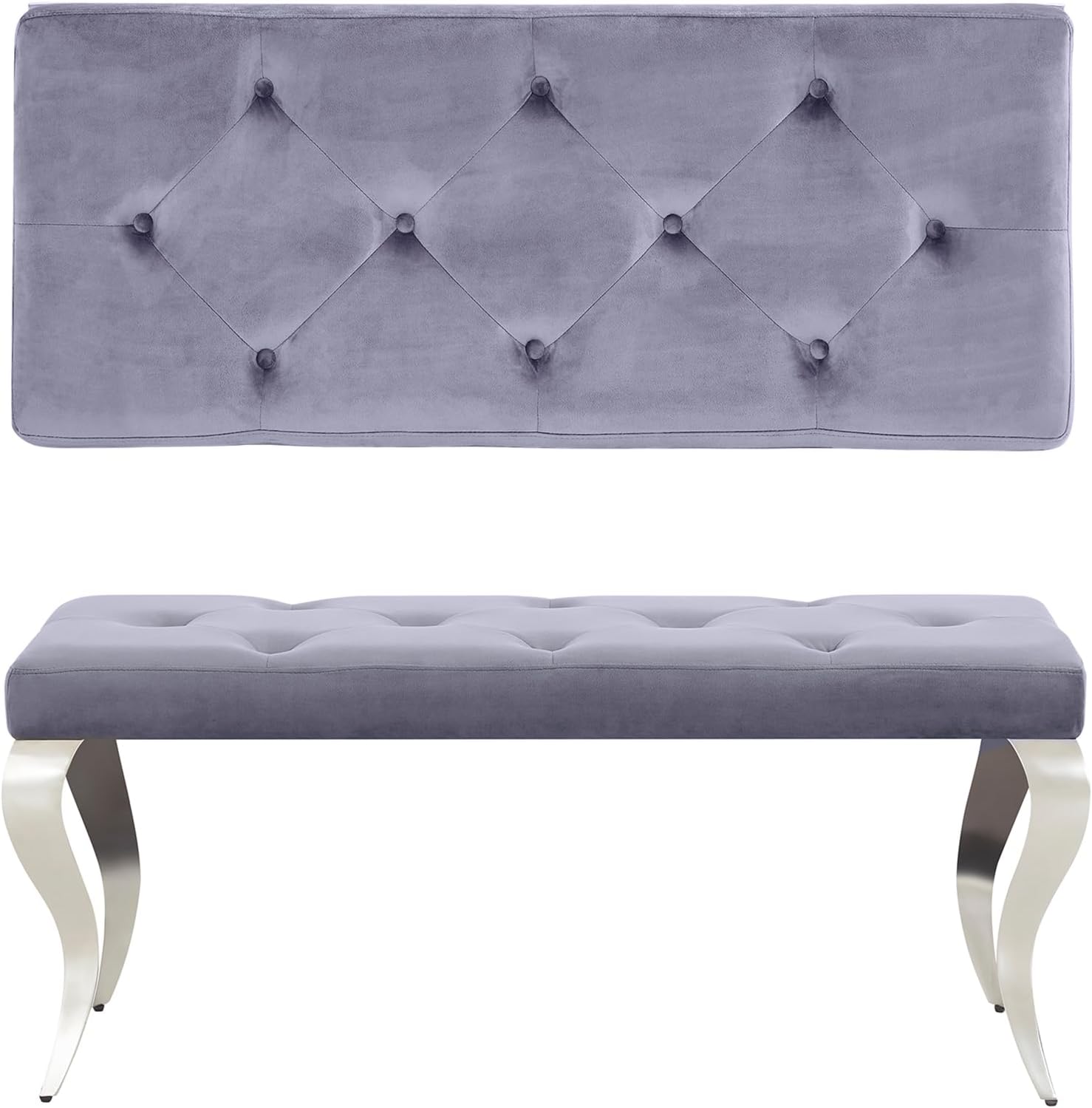 AUZ Benches, Grey and Silver Velvet Upholstered Dining Room Table Bench with Button-Tufted, Modern Glam Chrome Mirrored Chrome Curved Legs