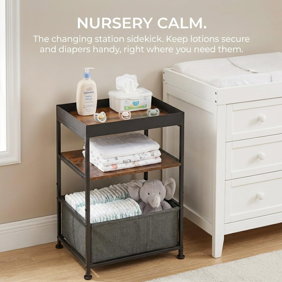 Industrial Narrow Side Table with Storage, 3 Tier End Table with Fabric Bin & Tray Top for Living Room, Narrow Nightstand Slim Bedside Table for Bedroom, Small Spaces, Rustic Brown