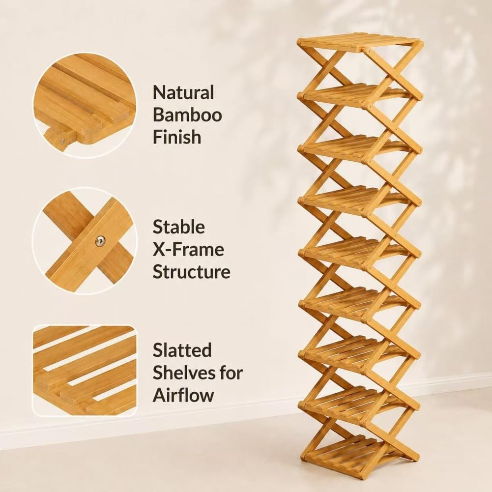 8/9/10-Tier Folding Shoe Rack| Bamboo Wooden Shoe Organizer| Entryway Bedroom Shoe Shelf| Ventilated & Space-Saving