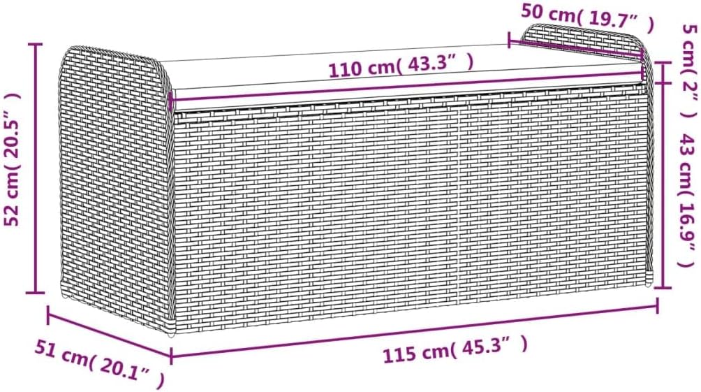 Outdoor Patio Storage Bench with Cushion Gray 45.3"x20.1"x20.5" PE Rattan Weather-Resistant Seat for Garden Yard Porch Deck Relax