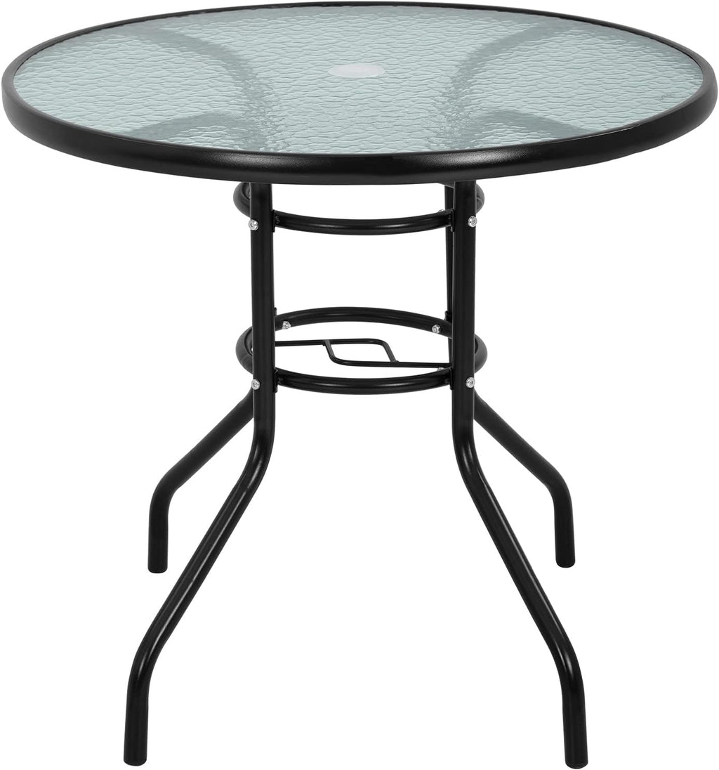 32in Outdoor Table Patio Dining Table Outdoor Dining Table with Umbrella Hole Round Tempered Glass for Yard Bistro Lawn Balcony
