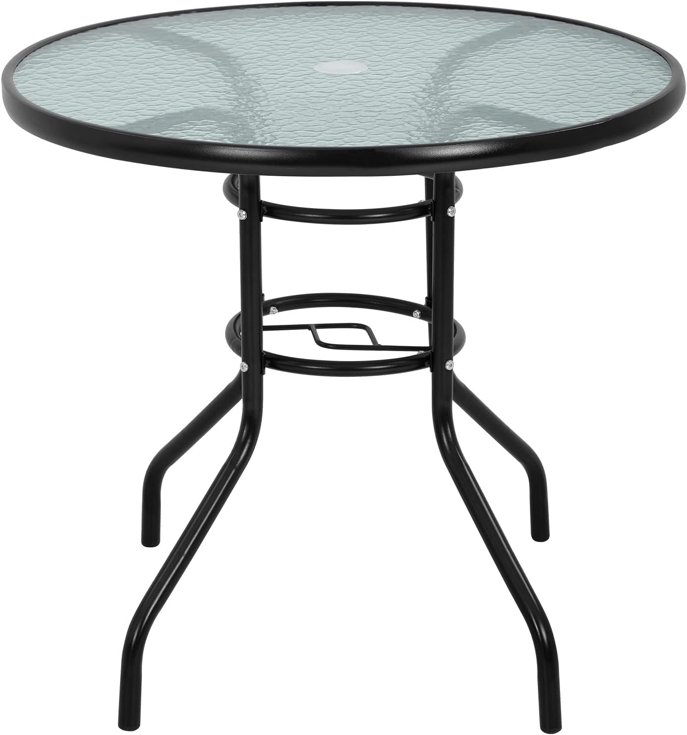 32in Outdoor Table Patio Dining Table Outdoor Dining Table with Umbrella Hole Round Tempered Glass for Yard Bistro Lawn Balcony
