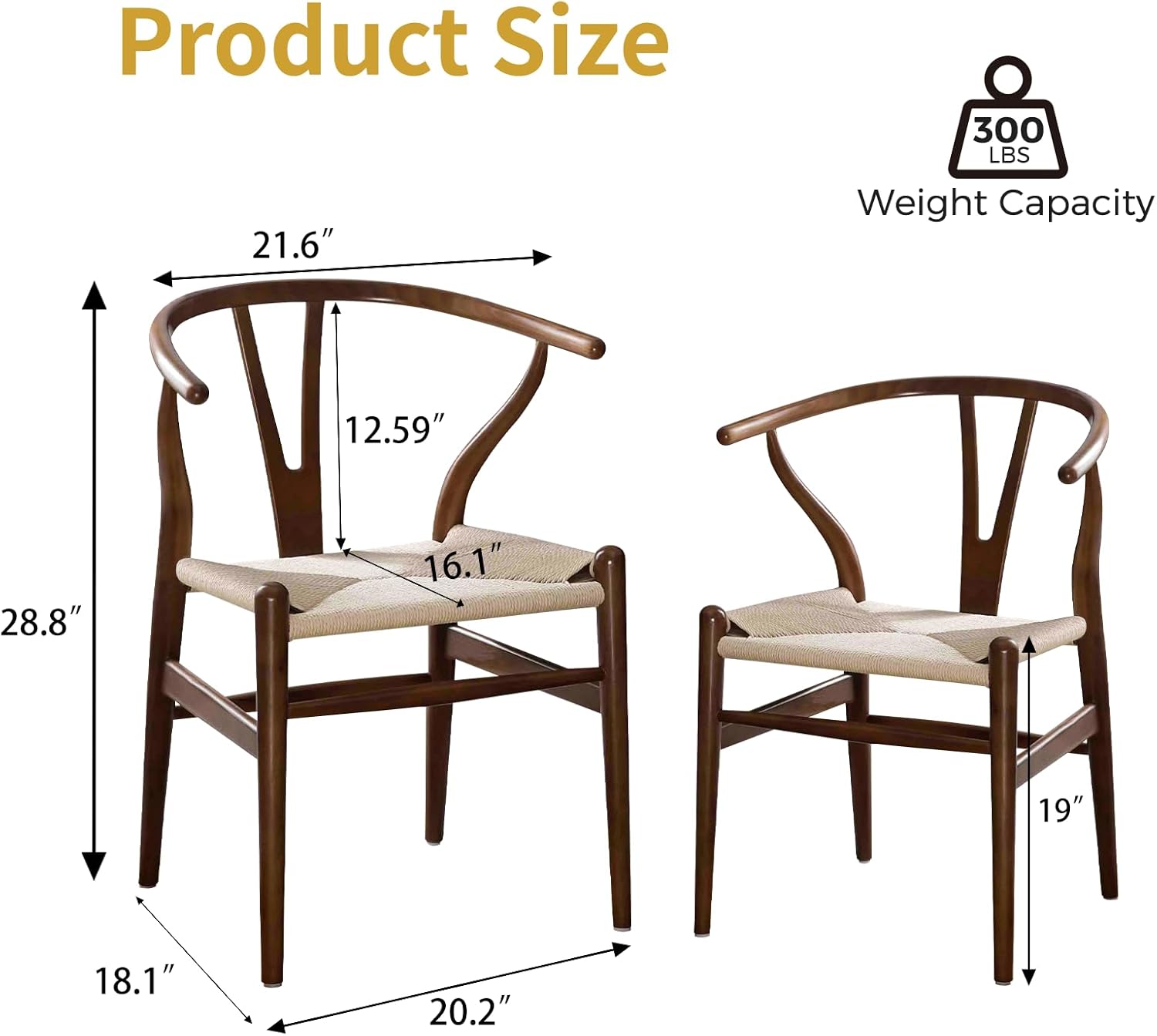 Wishbone Chair Natural Solid Wood Dining Chair/Hans Vegner Y Chair Rattan and Wood Accent Armrest Chairs Set of 1 (Ash Wood - Walnut)