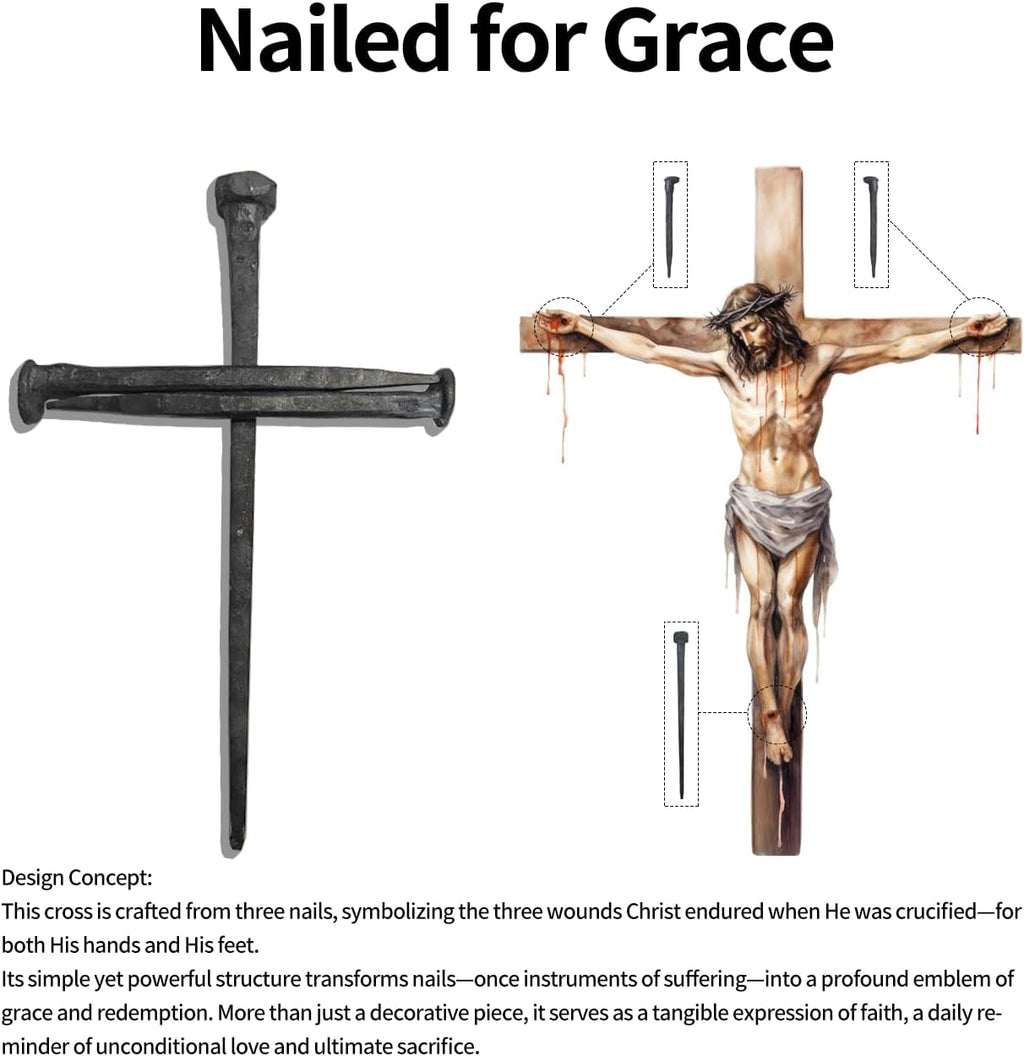 LeMeeOly Jesus Christ Crucifixion Nail Metal Cross Wooden Base, Religious Gifts for Mom Mothers Day, Baptism & Religious Gifts for Men Women,Christian Home Decor (Solid Wood Base)