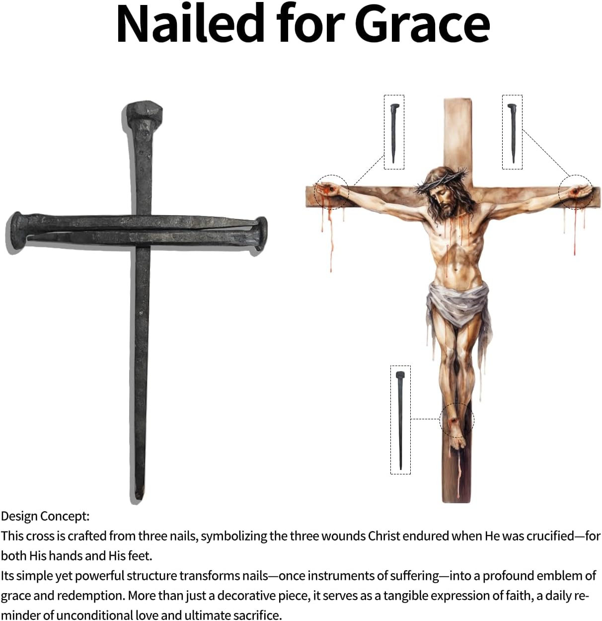 LeMeeOly Jesus Christ Crucifixion Nail Metal Cross Wooden Base, Religious Gifts for Mom Mothers Day, Baptism & Religious Gifts for Men Women,Christian Home Decor (Solid Wood Base)