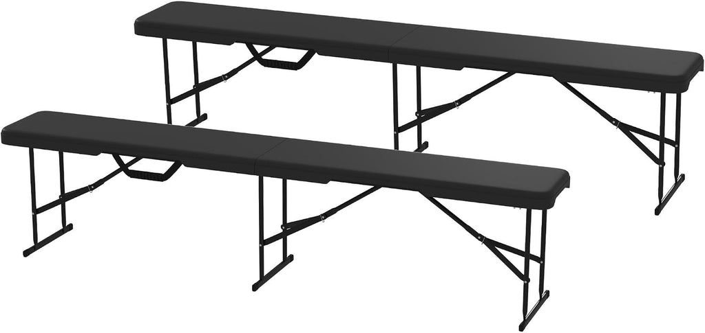 2-Pack 6ft Folding Camping Benches: HDPE Top, Powder-Coated FFor rame, 529lb Capacity, Non-Slip Pads, Carry Handle, Black