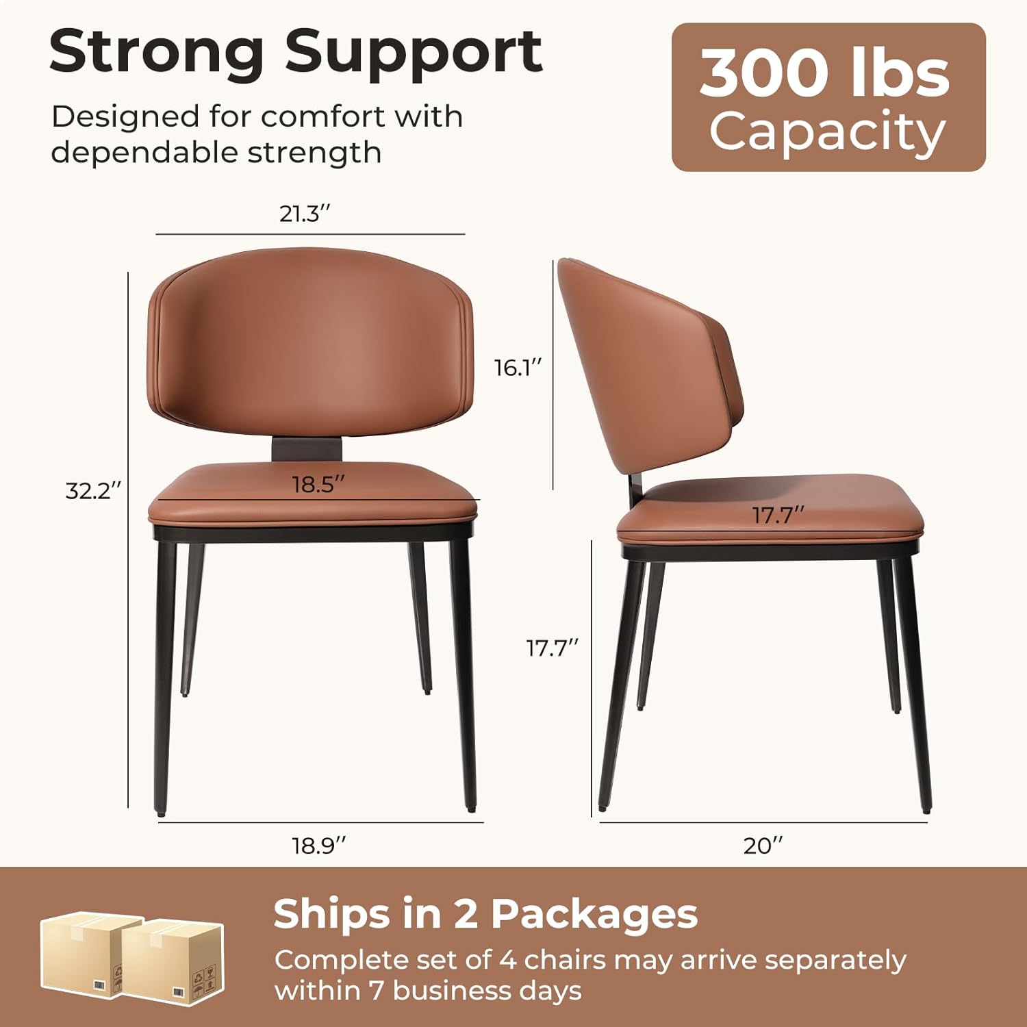 Dining Chairs Set of 4, Modern Armless Faux Leather Kitchen Chairs with Curved Back, Easy to Assemble & Clean for Dining Rooms, Cafes, Restaurants, and Small Spaces, Brown