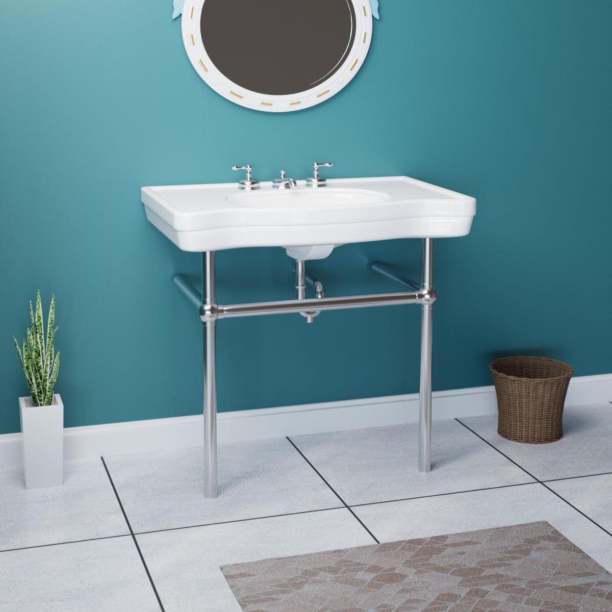 Renovators Supply Manufacturing Wall Mount Bathroom Sink – 35.5" Wide Belle Epoque White Porcelain Console Sink with 8" Widespread Faucet Holes, Pedestal Style, Brass Metal Legs in Chrome Finish