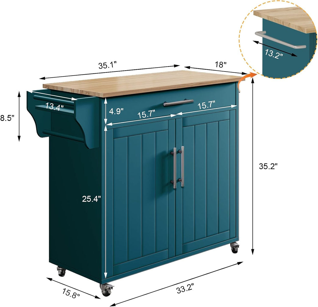 Wood Kitchen Island with Storage, Rolling Kitchen Island On Wheels, Mobile Island Trolley Cart Sideboard Cabinet with Towel Rack, Spice Rack, Adjustable Shelf, Wooden Top & Large Drawer, Dark Green