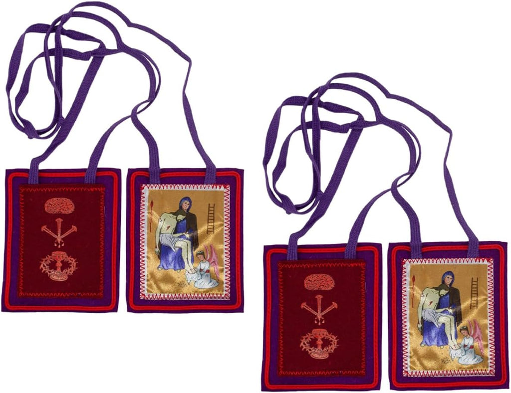 VILLAGE GIFT IMPORTERS Pack of Two Marie Julie Jahenny Purple Scapular | Benediction and Protection Scapular on Knotted Cord | Wear or Display in the Home | Includes Prayer Card