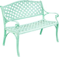 Vintage Distressed Outdoor Park Bench w/Woven Mesh Backrest, Heavy-Duty Metal Loveseat Chair with Curved Armrests, Slatted Seat, Perfect for Yard, Lawn, Balcony, Backyard(Green)