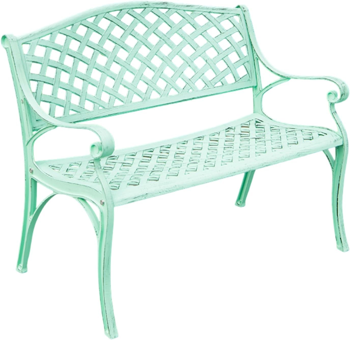 Vintage Distressed Outdoor Park Bench w/Woven Mesh Backrest, Heavy-Duty Metal Loveseat Chair with Curved Armrests, Slatted Seat, Perfect for Yard, Lawn, Balcony, Backyard(Green)