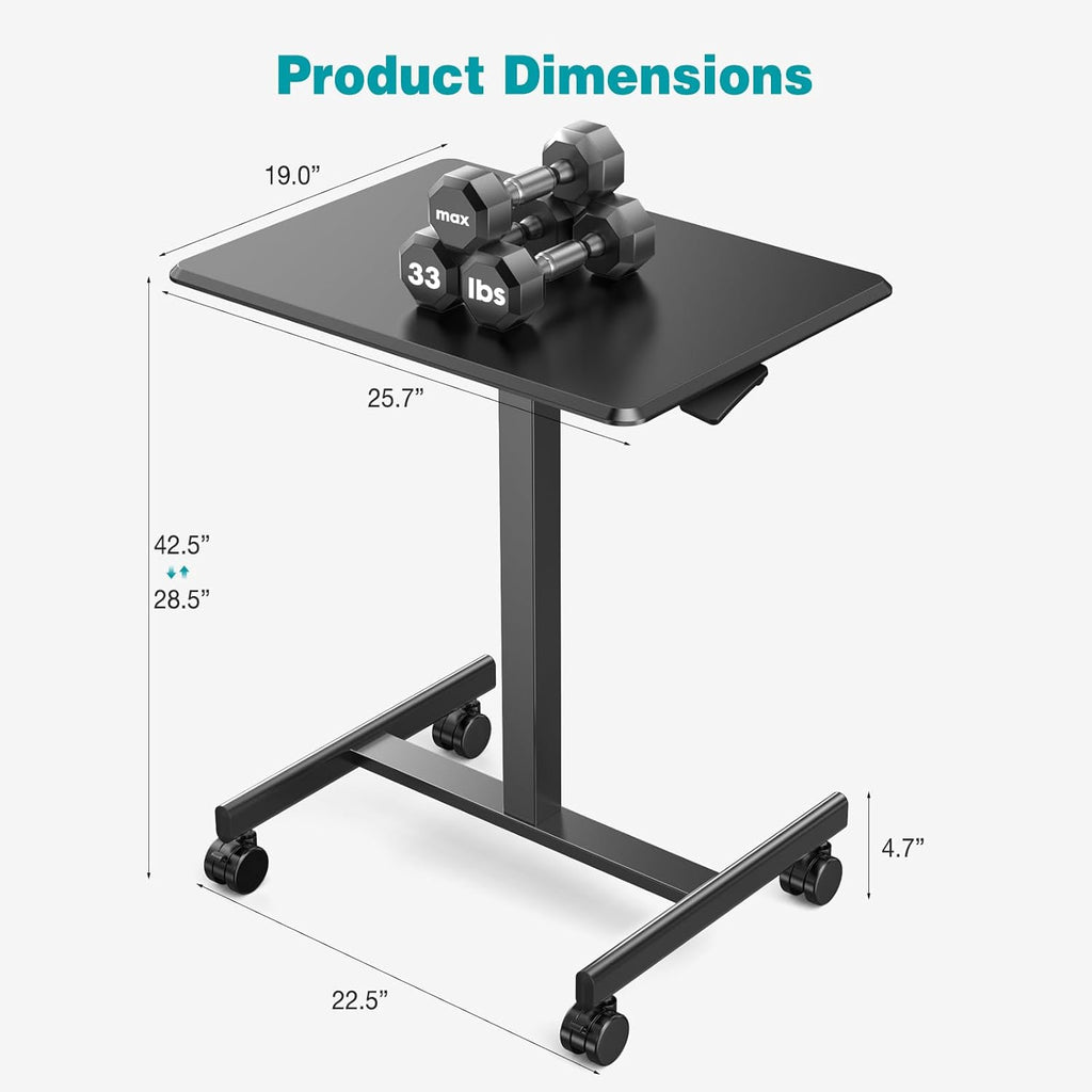 DUMOS Small Rolling Desk Mobile Standing Portable Laptop PC Table with Wheels Adjustable Height Computer Workstation for Home Office, Compact Small Space, Easy Assembly, Modern Black