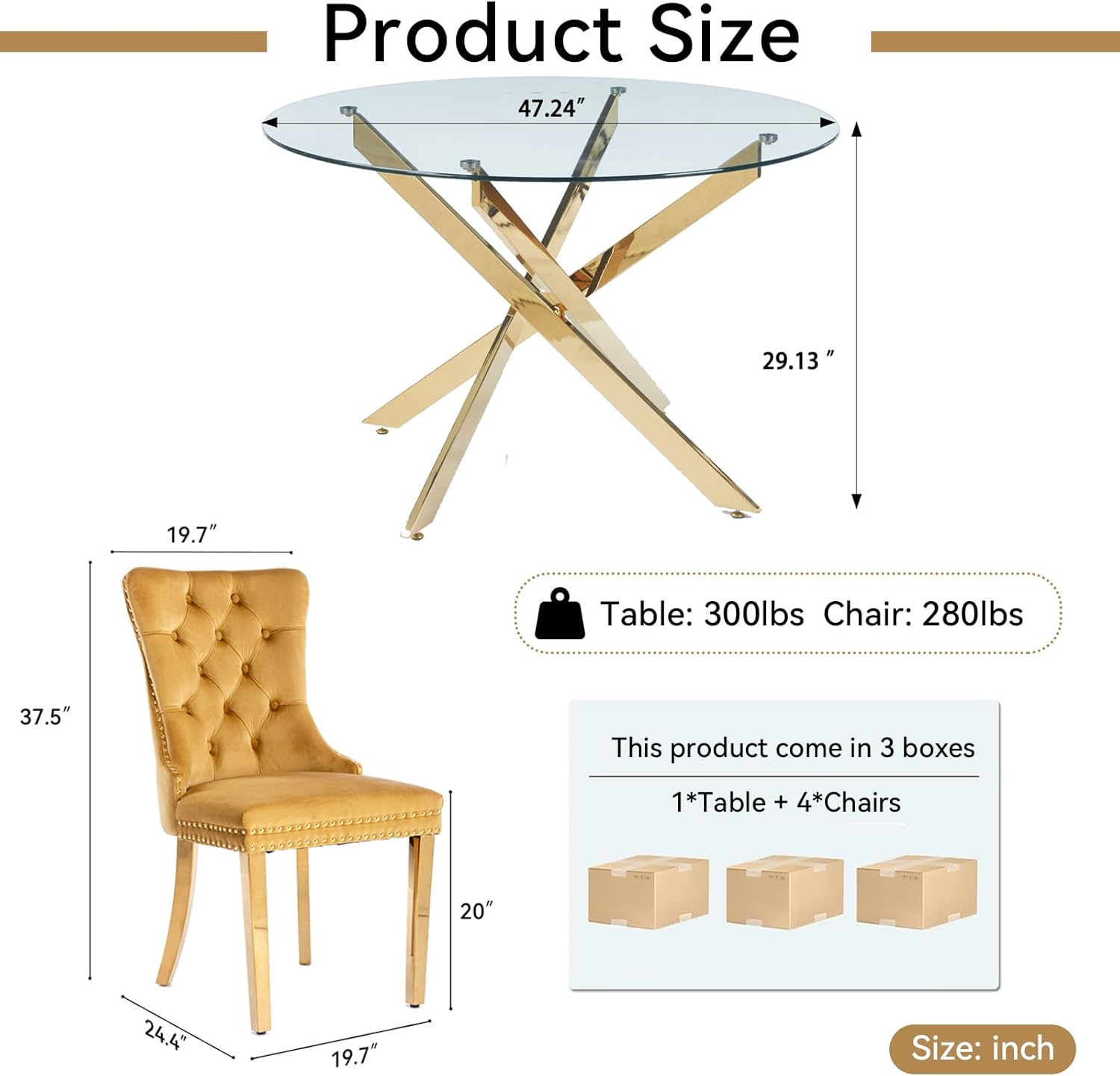5 Piece Round Glass Dining Table Set for 4, 47" Round Dining Table & Chair Set Modern Circle Glass Kitchen Table and 4 Velvet Upholstered Chairs for Kitchen Dining (Gold Table & Gold Chair)