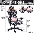 Pemberly Row Modern Gaming Chair, Cow Print Velvet-Like Fabric, Black/White, Adjustable Arms, 150° Recline, Memory Foam Seat, Lumbar Pillow, Durable Nylon Base, 250 lb Capacity, Home or Office Use