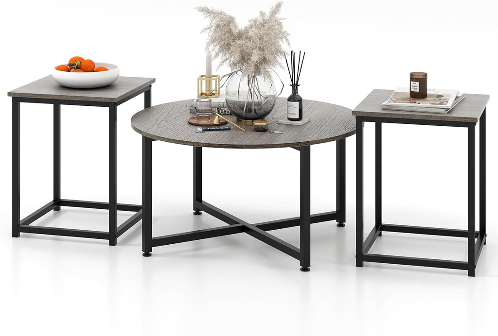 Giantex Round Nesting Table Set of 3, Farmhouse Coffee Table w/2 End Tables, Sturdy Metal Frame, 3-Piece Wooden Living Room Table Set for Home Office, Apartment (Black Oak)